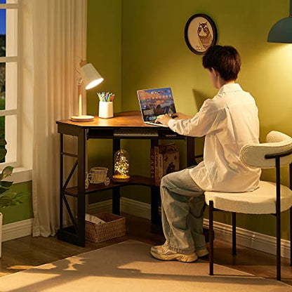 VECELO Corner Desk Computer Desk Writing Table with Smooth Keyboard Tray & Storage Shelves,Compact Home Office Triangle Table,Teak