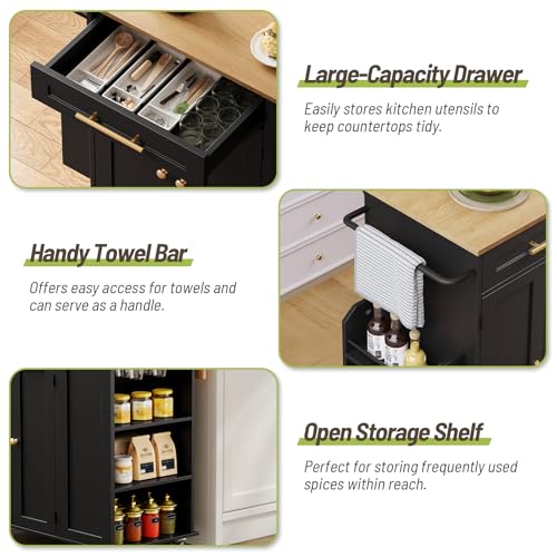 Kitchen Island with Storage, Rolling Kitchen Table with Drop Leaf, Charging Station, 3 Open Adjustable Shelf & Drawer, Towel Rack, Mobile Kitchen Cart for Dining Room, Black and Natural - color: Black + Natural
