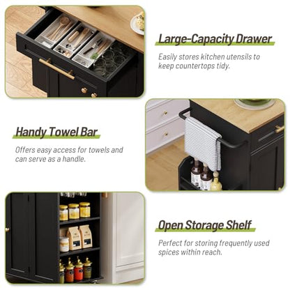 Kitchen Island with Storage, Rolling Kitchen Table with Drop Leaf, Charging Station, 3 Open Adjustable Shelf & Drawer, Towel Rack, Mobile Kitchen Cart for Dining Room, Black and Natural - color: Black + Natural