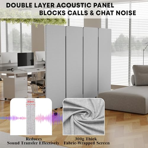4 Panel Soundproof Room Divider W/Wheels, Office Divider with Whiteboard | 66" H with Detachable Whiteboard/Clips/Hooks/Pushpins,Wheeled Room Dividers, Easy to Move,For Conference Room Partitions - color: Grey, size: 4-Panel-with Board