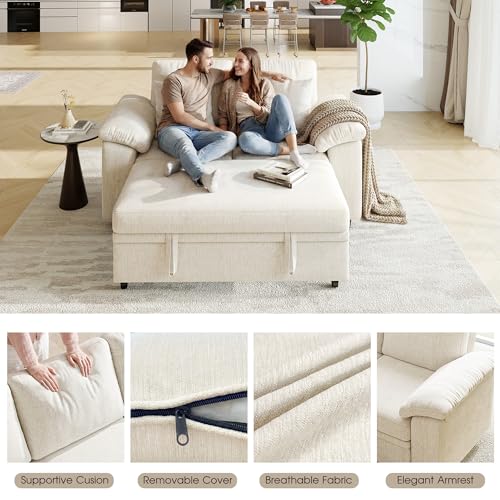 61” Pull Out Couch, 2 in 1 Sleeper Sofa Bed with Throw Pillow, Convertible Small Loveseat Sleeper Couch for Living Room, Bedroom, Apartment (Beige) - color: Beige, size: 2 Seat Sleeper