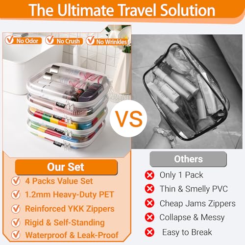 YQBRAO Clear Hard Shell Zipper Cases, 4 Medium Makeup Organizers, White | Rigid 1.2 mm PET and YKK dual zippers for skincare, toiletries, chargers, notebooks and daily essentials - color: White, size: 4 Pack(M)