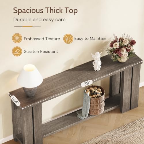 70.9 Rustic Grey Farmhouse Console Sofa Table Behind Couch Entryway Wood | Thick 2-inch engineered wood tabletop with embossed texture