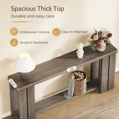 70.9 Rustic Grey Farmhouse Console Sofa Table Behind Couch Entryway Wood | Thick 2-inch engineered wood tabletop with embossed texture