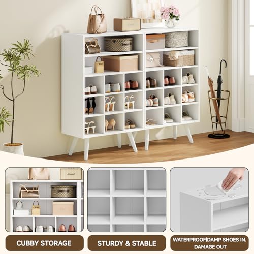 5 Tiers Shoe Cubby with Legs, Stackable Wood Shoe Rack Organizer with 9-Cube and 2 Storage Shelves, Holds 10-15 Pairs, Freestanding Shoe Rack for Closet, Entryway, Apartment, White - color: White