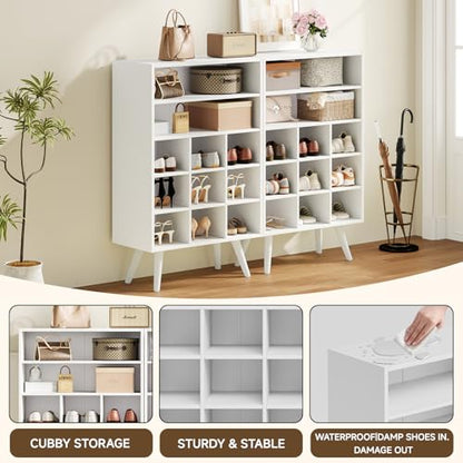 5 Tiers Shoe Cubby with Legs, Stackable Wood Shoe Rack Organizer with 9-Cube and 2 Storage Shelves, Holds 10-15 Pairs, Freestanding Shoe Rack for Closet, Entryway, Apartment, White - color: White