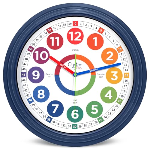 Oyster&Pop Extra Large 16" Kids Wall Clock - Weather-Resistant Outdoor | Silent labeled color-coded learning clock for the classroom, patio, playroom or homeschool - teaches kids to tell time - color: Multicolor, size: 16 inch