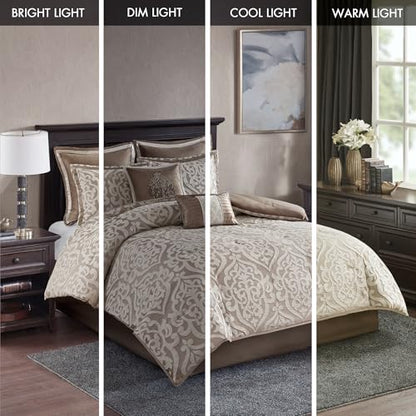Madison Park Odette Cozy Comforter Set Jacquard Damask Medallion Design - Modern All Season, Down Alternative Bedding, Shams, Decorative Pillow, King(104 in x 92 in), Tan 8 Piece | All Season Down Alternative Bedding with Comforter, Shams, Bed Skirt, Deco