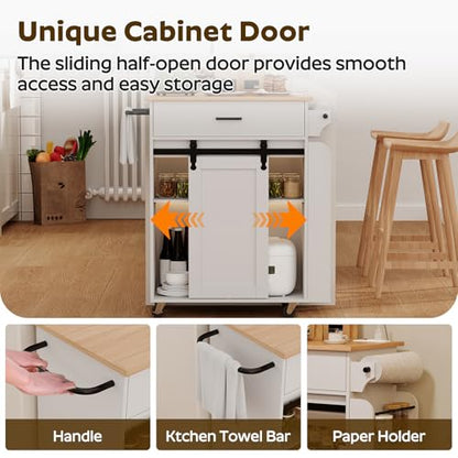 Kitchen Island with Storage, Mobile Kitchen Cart with Charging Station, Kitchen Island on Wheels, Rolling Island Table with Sliding Cabinet Door, White and Natural ZD01UWN - color: White + Natural