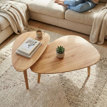 Nesting Coffee Table Set of 2-Mid Century Modern Coffee Table | Guitar Pick Stacking Tables with Solid Wood Legs,Small Coffee Tables for Small spaces,Living Room,Balcony - color: Natural