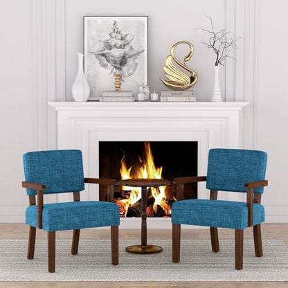 Accent Chair, Armchair with Solid Wood Frame and Legs, Blue | Upholstered Reading Leisure Chair for Bedroom,Office,Waiting Room - color: Linen Blue, size: One Chair