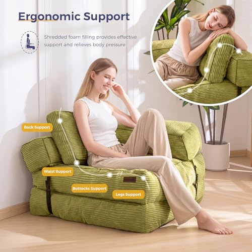 MAXYOYO Folding Sofa Bed, Convertible Chair Bed with Pillow | L-Shaped Floor Sofa with Armrest and Pillow, Foldable Portable Fold Out Comfy Chair Bed for Living Room Bedroom, Green - color: Green