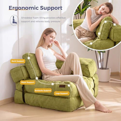 MAXYOYO Folding Sofa Bed, Convertible Chair Bed with Pillow | L-Shaped Floor Sofa with Armrest and Pillow, Foldable Portable Fold Out Comfy Chair Bed for Living Room Bedroom, Green - color: Green
