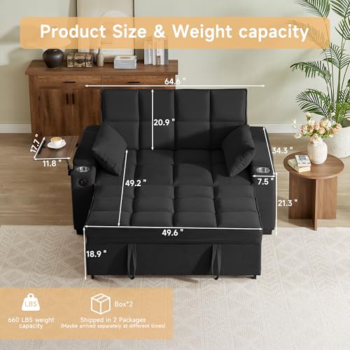 66" Multi-Functional Pull-Out Sofa Bed with Hidden Side Table, Storage Armrests, Built-in Charging Port, Spring Mattress, Solid Wood Frame – Ideal for Small Spaces, Easy Assembly - color: 1007-black