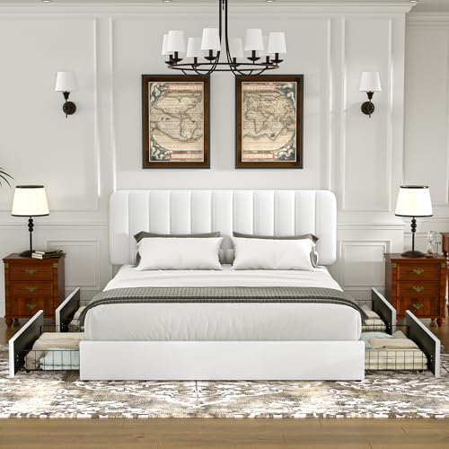 VECELO King Size Upholstered Bed Frame with 4 Drawers and Headboard, Velvet Platform Storage Bedframe, Wooden Slats Support, No Box Spring Needed,Snow-White - color: Snow-white, size: King (U.S. Standard), style: Bed Frame with Drawer