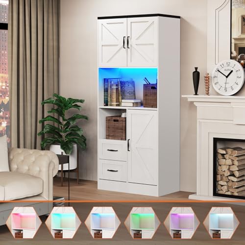 Farmhouse Kitchen Pantry Cabinet with LED Lights and Power Strip, Tall Kitchen Storage Cabinet, Kitchen Hutch with Microwave Stand & Barn Doors and Drawers for Dining Room (White) - color: White, style: Modern