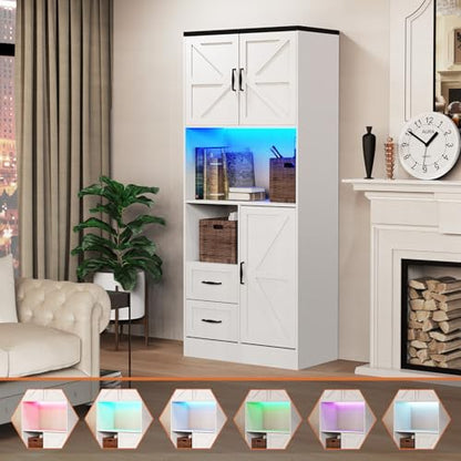 Farmhouse Kitchen Pantry Cabinet with LED Lights and Power Strip, Tall Kitchen Storage Cabinet, Kitchen Hutch with Microwave Stand & Barn Doors and Drawers for Dining Room (White) - color: White, style: Modern