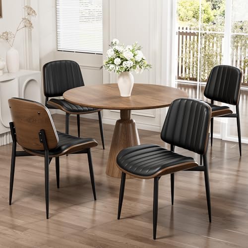 Dining Chairs Set of 2, Mid-Century Modern Upholstered PU Leather Chairs | with Walnut Bentwood Back and Metal Legs Adjustable Feet for Kitchen Dining Living Room, Dark Black Vertical Stripes - color: Dark Black Vertical Stripes