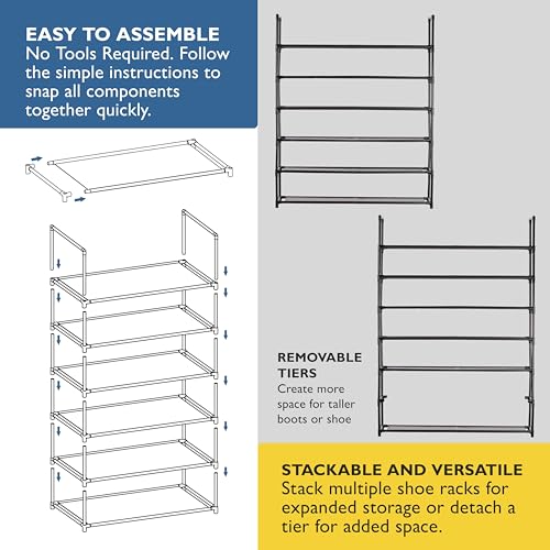 Sundaze Shoe Rack - 6 Tier Shoe Rack for Front Door Entrance, Sturdy Tall Shoe Organizer for Closet, Bedroom, Entryway, Garage, Non Woven Fabric Shelf, Black, Holds Up to 30 Pairs - size: 6 Tier (34.3" W)