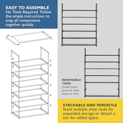 Sundaze Shoe Rack - 6 Tier Shoe Rack for Front Door Entrance, Sturdy Tall Shoe Organizer for Closet, Bedroom, Entryway, Garage, Non Woven Fabric Shelf, Black, Holds Up to 30 Pairs - size: 6 Tier (34.3" W)