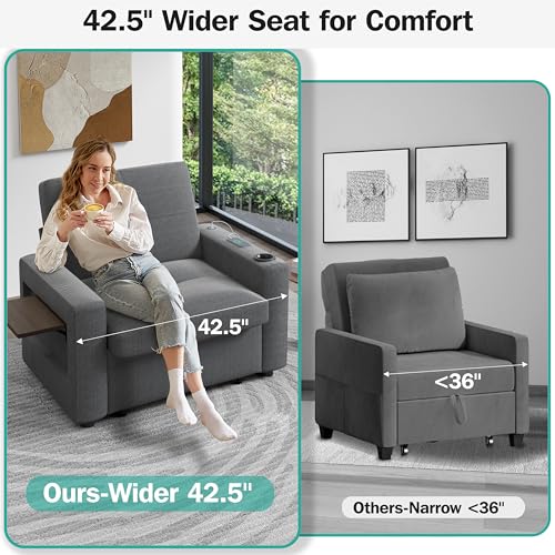 Sunny Heart 42.5" W Oversized Sleeper Chair Bed, 3-in-1 Convertible Reclining Sofa Chair with Pull Out Couch Bed, Adjustable Backrest, Side Pockets, Cup Holder, USB Ports & Table, Premium Dark Grey - color: Dark Grey, size: 42.5 inch