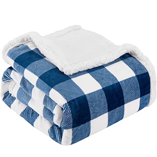 Sherpa Plaid Twin Blanket 60" X 70", Fuzzy Fluffy Soft Cozy Throw Blanket, Twin Size Plush Fleece Flannel Plush Microfiber Blanket for Couch Bed Sofa (Navy) - color: Navy