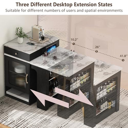 59.5" Kitchen Island with Extendable Dining Table, Kitchen Storage Table with Double-Sided Storage & 2 Drawers, Power Outlet, Side Open Shelves, for Dining Room (Black3) - color: Black3