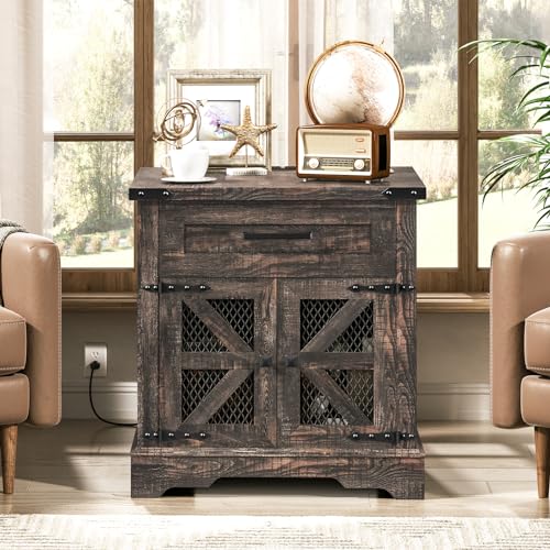 Farmhouse End Table with Charging Station, 24" Large Sofa Side Table with Drawer, Large End Table for Living Room, Wooden Nightstand with Outlet, Square, Dark Rustic Oak - color: Dark Rustic Oak