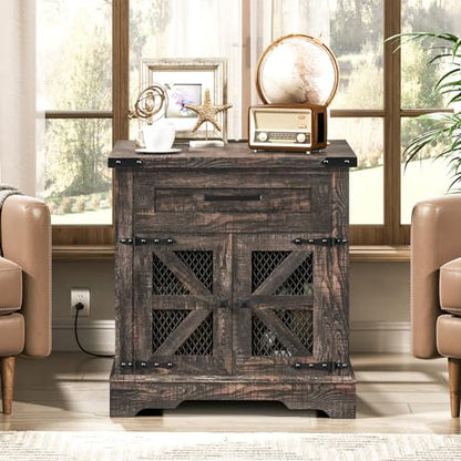 Farmhouse End Table with Charging Station, 24" Large Sofa Side Table with Drawer, Large End Table for Living Room, Wooden Nightstand with Outlet, Square, Dark Rustic Oak - color: Dark Rustic Oak