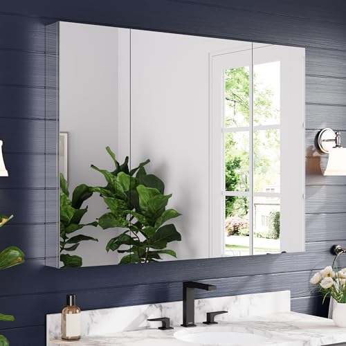 48"x36" Medicine Cabinet with Mirror & Soft Close Hinges, Surface Mount or Recessed Medicine Cabinet with Adjustable Shelves, Bathroom Wall Medicine Cabinet with Storage, Aluminum Alloy Frame, Combo - size: 48" x 36"