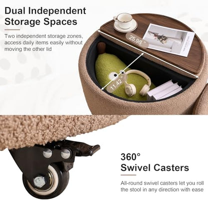 29.5" Round Storage Ottoman Coffee Table, Dual Reversible Lids, Brown | Round Ottoman Coffee Table, Swivel Casters, Hidden Storage, Dual Lift-Off Lids, Teddy Fabric, Living Room, Bedroom - color: Brown