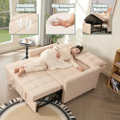 GOSUHI 52" 3-in-1 Convertible Sleeper Sofa Bed, Linen, Beige | Pull-Out Bed, Stepless Adjustable Backrest, Side Pocket, Compact Loveseat, Living Room, Dorm & Apartment - color: Beige