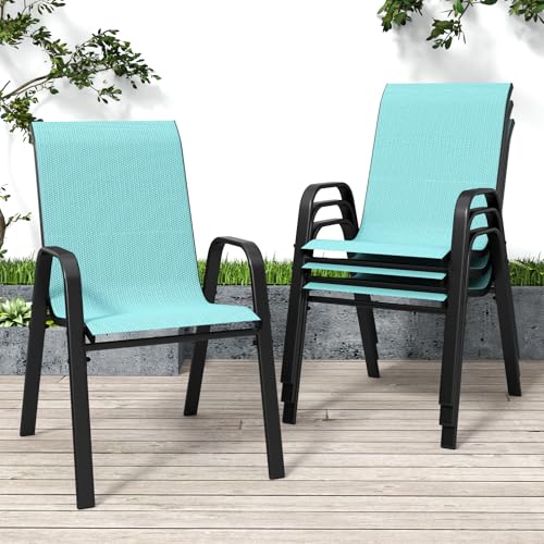Light Blue Patio Chairs Set of 4, Stackable Outdoor Dining Chairs for All Weather Textilene Fabric & Metal Frame, Outdoor Chairs Set for Backyard Deck Garden - color: Light Blue, size: Set of 4