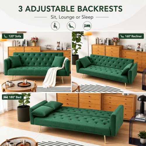 72"Modern Velvet Sofa Bed Futon,Convertible Folding Sleeper Bed Couches with 3 Adjustable Backrests,Tufted Recliner Love Seat with Golden Chrome Legs for Living Room Apartment Office (Green+pillows) - color: Green+pillows