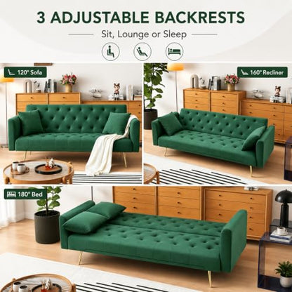 72"Modern Velvet Sofa Bed Futon,Convertible Folding Sleeper Bed Couches with 3 Adjustable Backrests,Tufted Recliner Love Seat with Golden Chrome Legs for Living Room Apartment Office (Green+pillows) - color: Green+pillows