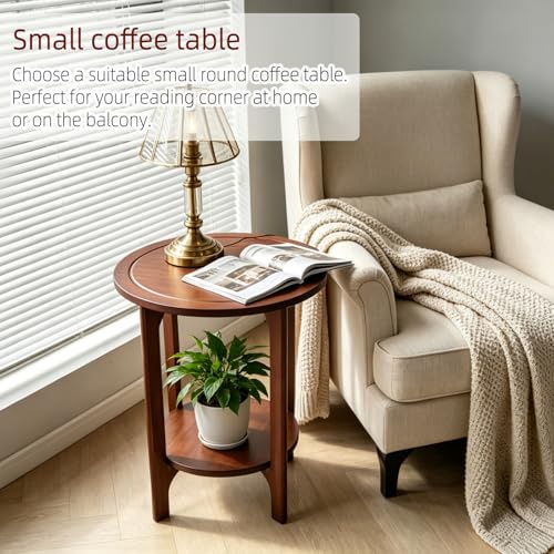 Solid Wood Round Side Table for Living Room, Bedroom | 2-Tier Wooden End Tables, Mid Century Modern Circular Nightstand Bedside Table, Easy Assembly (Walnut) - color: Walnut