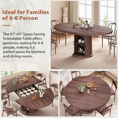 Jocoevol 47″–63″ Extendable Round Dining Table for 4–8 with Dust-Proof 2-Tier Storage Shelf Space Saving Expandable Wood Oval Circle Dinner Furniture with Pedestal Base (Brown) - color: Brown