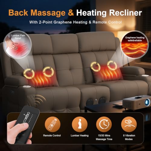 Home Theater Seating, Power Loveseat Recliner Sofa with Massage & Heat | Wall Hugger Reclining Loveseat with USB, RV Couch with LED Lights, Flip Backrest, Cup Holders for Movie Theater, Gaming Room - color: Pebbled Khaki Brown, size: 72" - 2 Seats