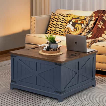 Joaxswe Farmhouse Coffee Table with Hidden Storage Organizer, Modern Square Large Center Table, Wood Farm House Low Navy Blue Living Room Tables with Hinged Lift Top for Home, Office - color: Blue, style: With Legs
