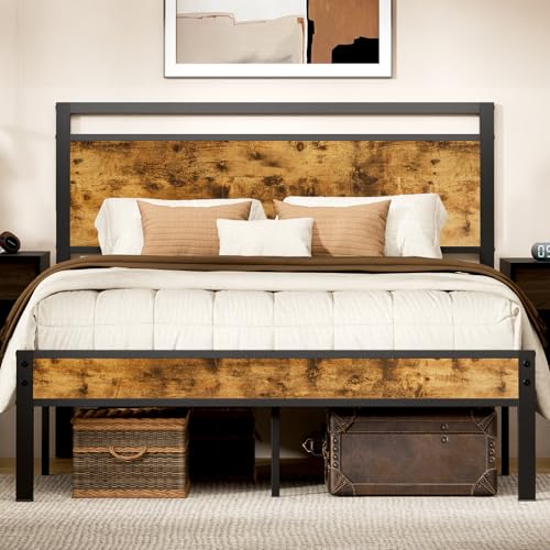 Z-hom Upgraded Full Size Bed Frame, Heavy Duty Metal Sturdy Full Bed Frame with Modern Wood Headboard & Footboard, Stable Platform Bed Furniture Bed Storage, No Noise, No Box Springs, Vintage Brown | Metal Platform Bed Frame with Underbed Storage Space,No
