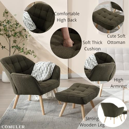Green Sherpa Accent Chair with Ottoman ，Modern Reading Chairs with Ottoman Set, Comfy Fuzzy Armchair Living Room Chair Lounge Chair with Wood Legs for Small Spaces Bedroom Apartment - color: Green, size: Chair with Ottoman