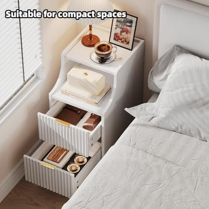 Narrow Nightstand Set of 2,11.8" Fluted Bedside Table Set of 2, Slim Side End Table with 2 Drawers, Wooden Bedside Table, White Wood Night Stand for Bedroom Livingroom Sofa Office - color: White,11.8" With 2 Drawers