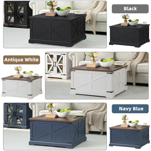 Joaxswe Farmhouse Coffee Table with Large Hidden Storage Compartment, Antique White Square Center Table, Wood Rustic Low Modern Living Room Tables with Hinged Lift Brown Top & Wooden Arc Base - color: White, style: With Base