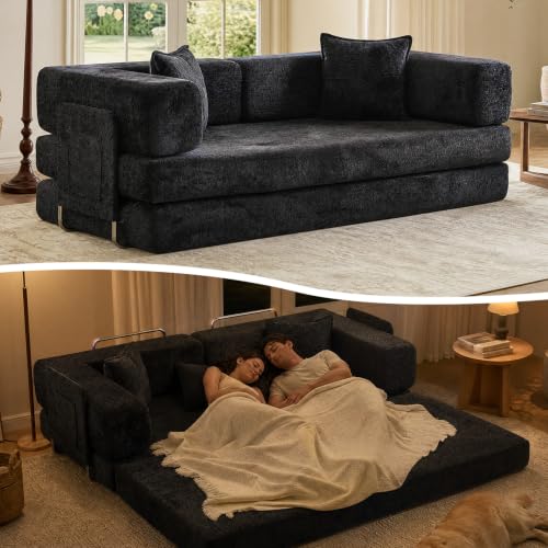 79" Boneless Couch for Living Room, Futon Sleeper Sofa Bed | Convertible Sofa Bed, Velvet Pull Out Couch Loveseat with Storage Pocket, Modular Design, No Assembly, Black - color: Black, size: 79inch