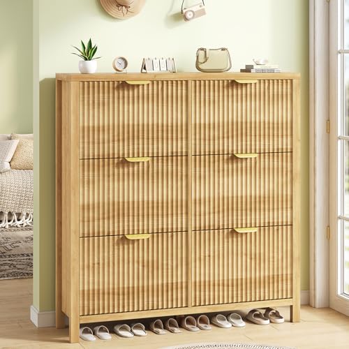 47" Fluted Shoe Cabinet Storage with 6 Flip Drawers for Entryway, Hallway | Slim Shoe Rack Freestanding Wooden Shoe Organizer with Legs for Hallway, Living Room, Oak - color: Natural Oak, size: 6 Drawers -Tall