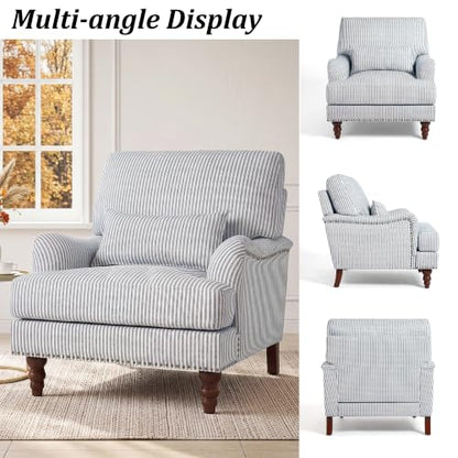 Mid-Century Modern Accent Chair with Lumbar Pillow, Pinstripe Blue, 2 Pack | Upholstered Chenille Armchair, Solid Wood Frame & Legs, Comfy Reading Lounge Sofa for Living Room Bedroom, & Small Spaces - color: Pinstripe Blue, size: 2 Seat
