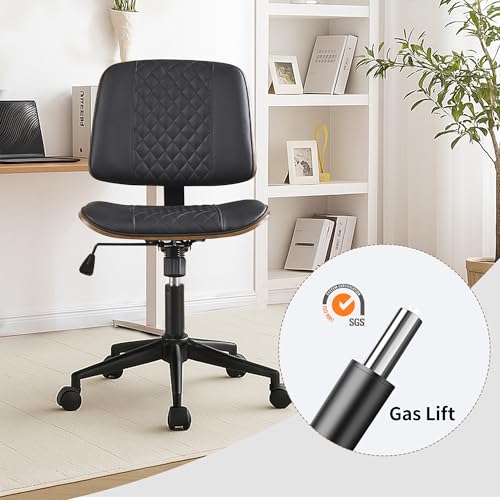 VipDesk Modern Black Home Office Chair – Armless Mid-Back Desk Chair with PU Leather, Adjustable Height, Swivel Wheels, Walnut Wood Finish, Perfect for Small Spaces - color: Black, size: MCM Style