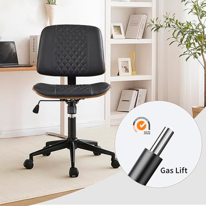 VipDesk Modern Black Home Office Chair – Armless Mid-Back Desk Chair with PU Leather, Adjustable Height, Swivel Wheels, Walnut Wood Finish, Perfect for Small Spaces - color: Black, size: MCM Style