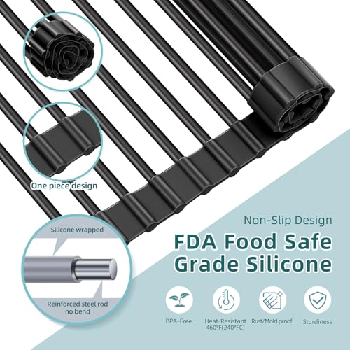 Ohuhu Over The Sink Dish Drainer Drying Rack, 17.6" W x 15.4" L Roll Up Dish Racks Kitchen Sink Organizer Silicone Wrapped Large in Sink Dish Drying Rack Foldable Rolling Drain Mats Anti-Slip - color: Black, size: 17.6"W x 15.4"L