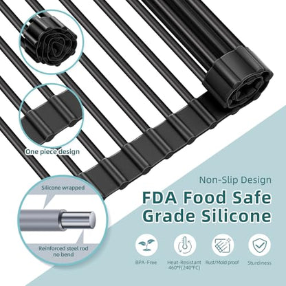 Ohuhu Over The Sink Dish Drainer Drying Rack, 17.6" W x 15.4" L Roll Up Dish Racks Kitchen Sink Organizer Silicone Wrapped Large in Sink Dish Drying Rack Foldable Rolling Drain Mats Anti-Slip - color: Black, size: 17.6"W x 15.4"L